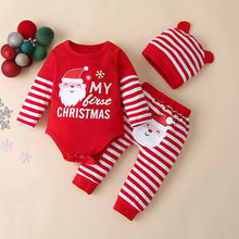 Load image into Gallery viewer, Baby Girls Clothes Sets My First Christmas Deer Stripe Print Outfits Xmas Romper+Hat+Pant Suit Fashion Kid Boy Clothing Set 3PCS