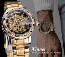 Load image into Gallery viewer, Winner Golden Watches Classic Rhinestone Clock Roman Analog Male Skeleton Clocks Mechanical Stainless Steel Band Luminous Watch