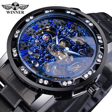 Load image into Gallery viewer, Winner Golden Watches Classic Rhinestone Clock Roman Analog Male Skeleton Clocks Mechanical Stainless Steel Band Luminous Watch