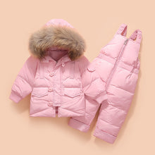 Load image into Gallery viewer, Winter Baby Boys Snowsuits 2020 Children's Down Jacket with Big Fur Hooed 4 Solid Colors with Zipper kids Down Jacket Set 2pcs
