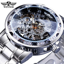 Load image into Gallery viewer, Winner Golden Watches Classic Rhinestone Clock Roman Analog Male Skeleton Clocks Mechanical Stainless Steel Band Luminous Watch