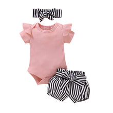 Load image into Gallery viewer, Toddler Infant Baby Girls Stripe Outfits Children Girl Romper Bowknot Shorts Headbands Set Summer Kids Set Baby Kleding Meisje