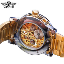 Load image into Gallery viewer, Winner Golden Watches Classic Rhinestone Clock Roman Analog Male Skeleton Clocks Mechanical Stainless Steel Band Luminous Watch