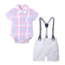 Load image into Gallery viewer, Summer baby boy suit gentleman dress plaid shirt bow tie Siamese short-sleeved jumpsuit straps shorts suit baby clothes