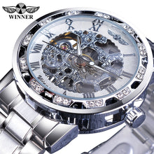 Load image into Gallery viewer, Winner Golden Watches Classic Rhinestone Clock Roman Analog Male Skeleton Clocks Mechanical Stainless Steel Band Luminous Watch
