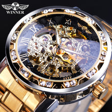 Load image into Gallery viewer, Winner Golden Watches Classic Rhinestone Clock Roman Analog Male Skeleton Clocks Mechanical Stainless Steel Band Luminous Watch