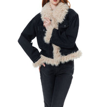 Load image into Gallery viewer, Vintage Wool Collar Color Contrast Denim Cotton Jacket Women's Winter Premium Loose Lapel Warm Black Short Cotton Jacket
