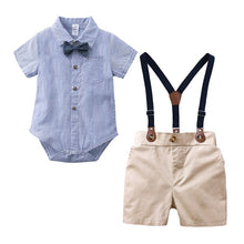 Load image into Gallery viewer, Summer baby boy suit gentleman dress plaid shirt bow tie Siamese short-sleeved jumpsuit straps shorts suit baby clothes
