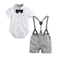 Load image into Gallery viewer, Summer baby boy suit gentleman dress plaid shirt bow tie Siamese short-sleeved jumpsuit straps shorts suit baby clothes