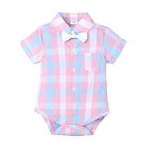 Load image into Gallery viewer, Summer baby boy suit gentleman dress plaid shirt bow tie Siamese short-sleeved jumpsuit straps shorts suit baby clothes
