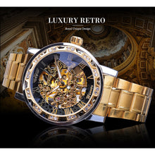 Load image into Gallery viewer, Winner Golden Watches Classic Rhinestone Clock Roman Analog Male Skeleton Clocks Mechanical Stainless Steel Band Luminous Watch