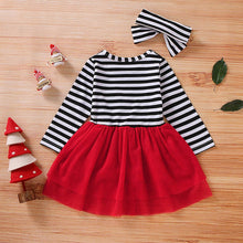 Load image into Gallery viewer, Toddler Girls Christmas Dress Santa Striped Print Tulle Dress+Headband Outfits Toddler Christmas Dress Girls Vestido Infantil