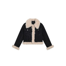 Load image into Gallery viewer, Vintage Wool Collar Color Contrast Denim Cotton Jacket Women's Winter Premium Loose Lapel Warm Black Short Cotton Jacket