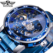 Load image into Gallery viewer, Winner Golden Watches Classic Rhinestone Clock Roman Analog Male Skeleton Clocks Mechanical Stainless Steel Band Luminous Watch