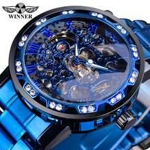 Load image into Gallery viewer, Winner Golden Watches Classic Rhinestone Clock Roman Analog Male Skeleton Clocks Mechanical Stainless Steel Band Luminous Watch