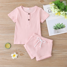 Load image into Gallery viewer, Toddler Baby Boys Girls Summer Clothes Newborn Ribbed Knitted Baby Button T-shirts Tops+Shorts Infant Clothing Outfits Sets