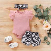 Load image into Gallery viewer, Toddler Infant Baby Girls Stripe Outfits Children Girl Romper Bowknot Shorts Headbands Set Summer Kids Set Baby Kleding Meisje