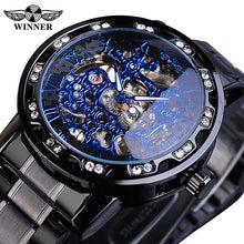 Load image into Gallery viewer, Winner Golden Watches Classic Rhinestone Clock Roman Analog Male Skeleton Clocks Mechanical Stainless Steel Band Luminous Watch