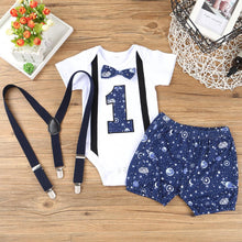 Load image into Gallery viewer, Newborn Baby Boys Gentleman Clothing Set Short Sleeve Letter Romper Tops Straps Shorts Outfits 1st Birthday Clothes for Babies