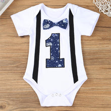 Load image into Gallery viewer, Newborn Baby Boys Gentleman Clothing Set Short Sleeve Letter Romper Tops Straps Shorts Outfits 1st Birthday Clothes for Babies
