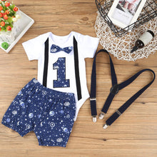 Load image into Gallery viewer, Newborn Baby Boys Gentleman Clothing Set Short Sleeve Letter Romper Tops Straps Shorts Outfits 1st Birthday Clothes for Babies