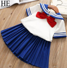 Load image into Gallery viewer, HE Hello Enjoy Baby Girl Boutique Set Preppy Style Sailor Moon Bow Tops+Blue Pleated Skirt Suit Kids Girls Clothes Children