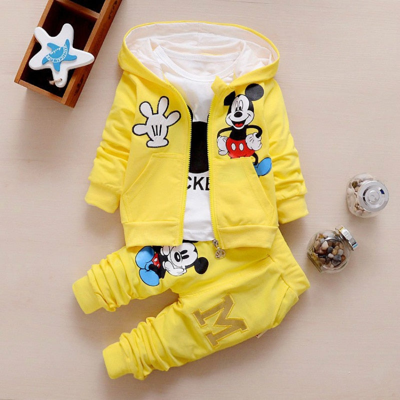 3pcs/set Baby Boy Girl Clothes Cartoon Mickey Mouse Bear Hooded Coat+T Shirt+Pant Kid Sport Suit For Children Clothing Tracksuit