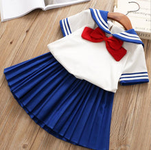 Load image into Gallery viewer, HE Hello Enjoy Baby Girl Boutique Set	Preppy Style Sailor Moon Bow Tops+Blue Pleated Skirt Suit Kids Girls Clothes Children
